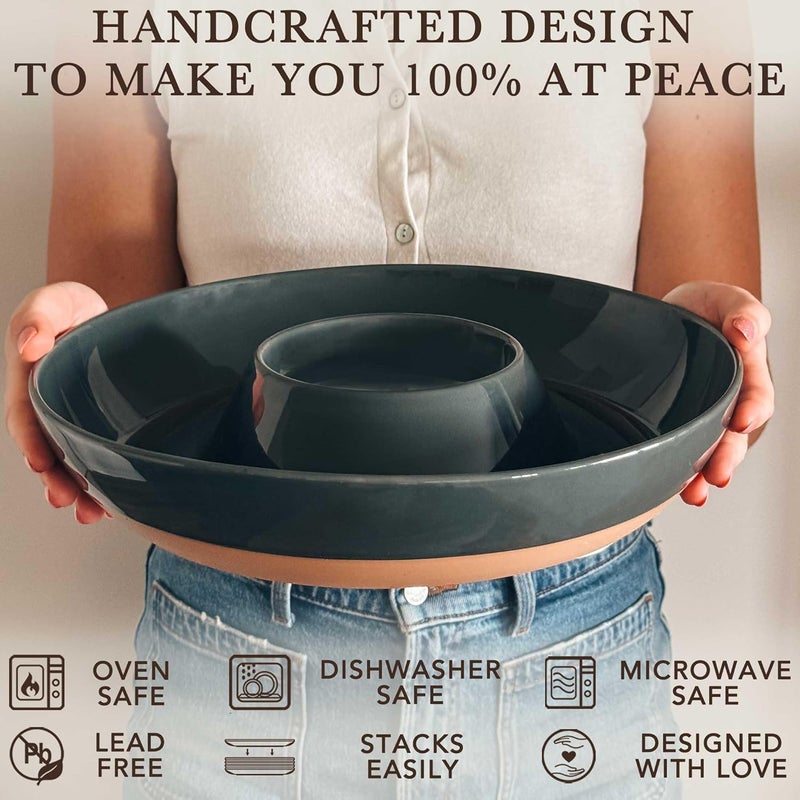 Mora Ceramic Chips and Dip Serving Tray: Large Divided Party Bowl Set for Chips & Salsa, Veggies & Dip, Fruit, Snacks, Entertaining, Hosting, etc. Minimalist Design for the Modern Hostess - Charcoal - Image 4